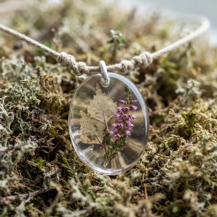 Ovaler Anhänger aus Epoxidharz mit kleinen Birkenblättern und violetten Heideblüten an geknoteter Leinenkordel